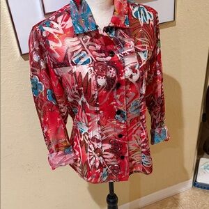 Chico's Red and Blue Floral Button Down Shirt